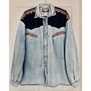 VTG  Shooter Denim Shirt Mens XL Western Leather Yoke Pearl Snap 90s Workwear